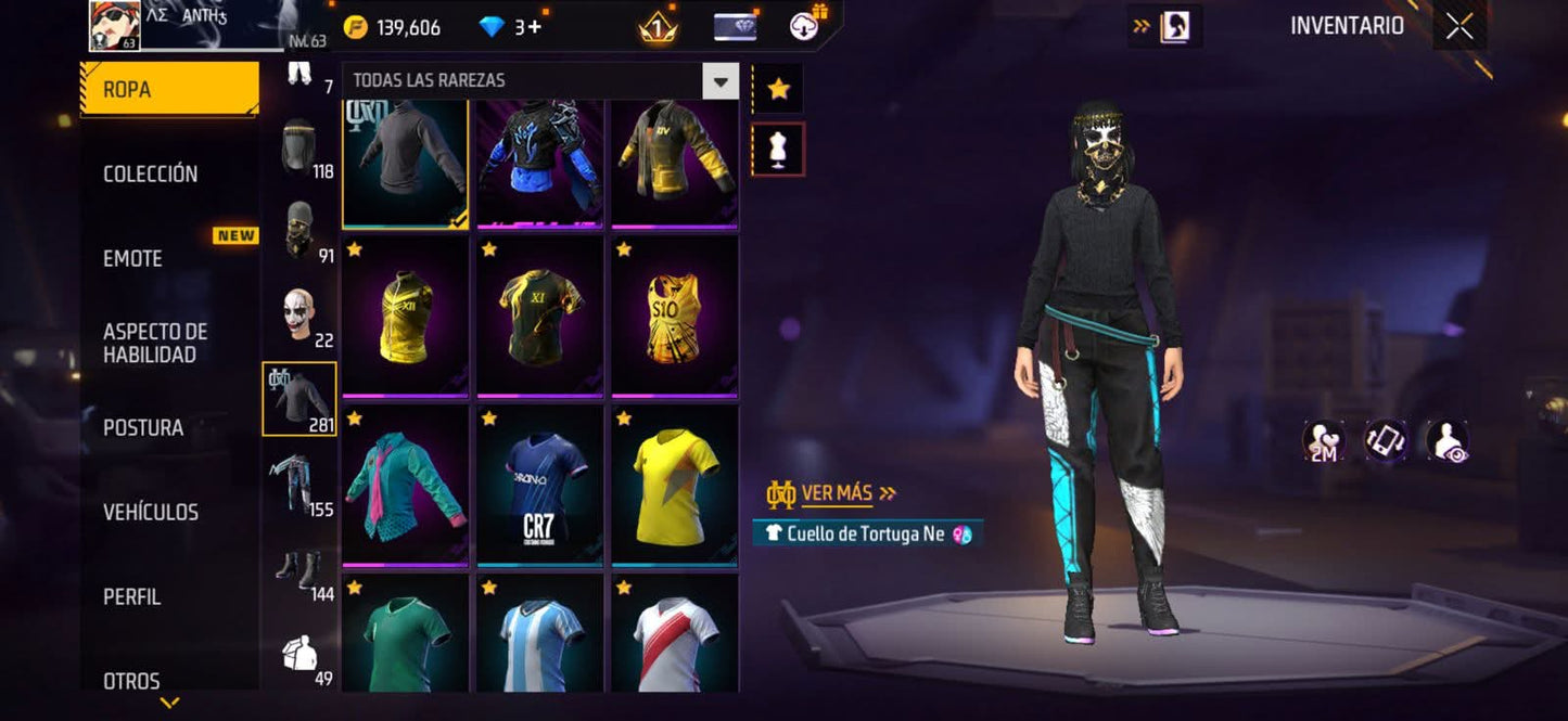 342 FREE FIRE!! CUENTA MIXTA CON 3 EVOS A BUEN NIVEL Y BUENAS ARMAS DE INCUBADORA! 281 PECHOS! TRAJE DE INCUBADORA Y CUBOS! CASA DE PAPEL! CUELLO DE TORTUGA! PLAYERAS DE FUTBOL! CR7 JORDANS! PERFECTA PARA COMBINAR CON TODO! REGIÓN: EEUU (1099mx...
