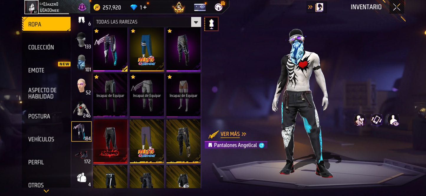 246 FREE FIRE!! CUENTA MIXTA CON 6 EVOS! Y BUENAS ARMAS!! MAS DE 200 PECHOS!! CUELLO DE TORTUGA! TRAJES DE NARUTO! SCORPION! MUCHA ROPA DE EVENTO!! ANGELICALES DE HOMBRE Y MUJER!! PERFECTA PARA COMBINAR CON TODO! REGION: EEUU (1099mx)