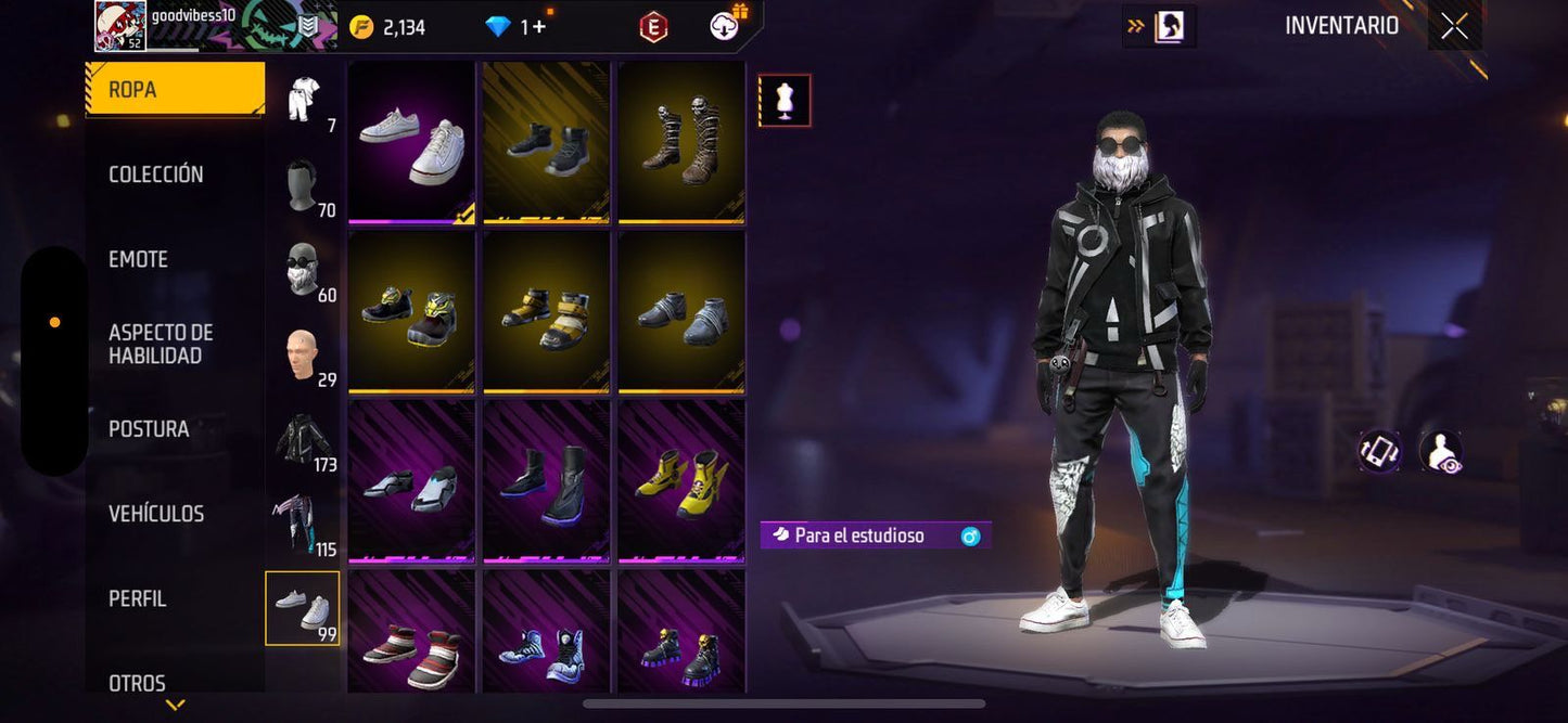 CUENTA CON 173 PECHOS, 3 EVOLUTIVAS, UNA DE ELLAS A NIVEL FULL MP40 AZUL Y ROJA, TRAJE MCLAREN, ESPECTRO VIOLETA, BARBA DEL VIEJO, CAMISAS DE FUTBOL, ANGELICALES AZULES, BUENA CUENTA PARA EMPEZAR A JUGAR REGIÓN: Sudamérica ( 1,350 MXN )