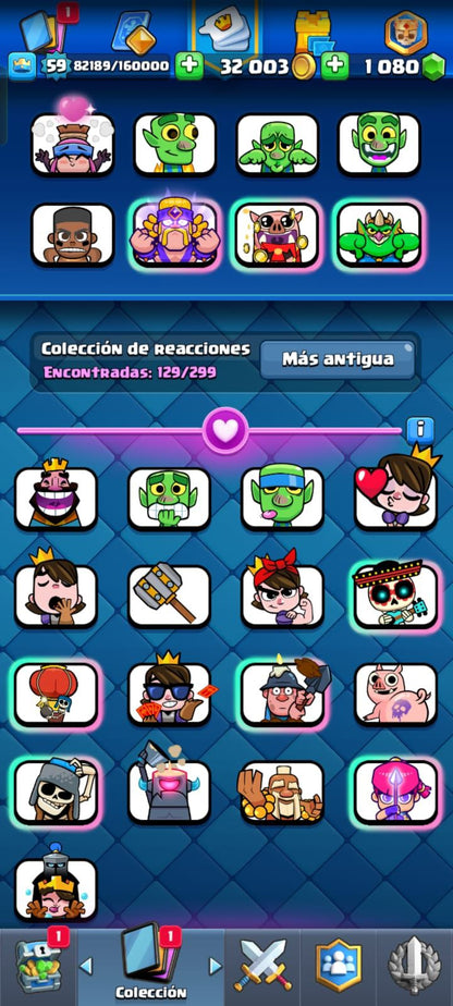 477 CLASH! CON 8623 COPAS! 1 CARTAS AL NIVEL16! 12 CARTAS AL NIVEL 15! 46 CARTAS AL NIVEL 14! 14 CARTAS EVOLUTIVAS CONSEGUIDAS! 129 EMOTES! 22 TORRES! INSIGNIA DE 8 AÑOS! (1399 MX) @everyone