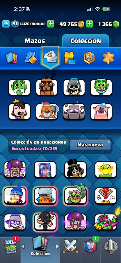 473 CLASH! 10,568 COPAS! 1 CARTA AL 16 MAX! 4 CARTAS AL 15! 8 CARTAS AL 14! 1 HÉROE! 5 CARTAS EVOLUTIVAS! 34 EMOTES BUENOS! 2 TORRES! INSIGNIA OG DE 9 AÑOS! +1M EN MONEDAS! (549 MX) @everyone