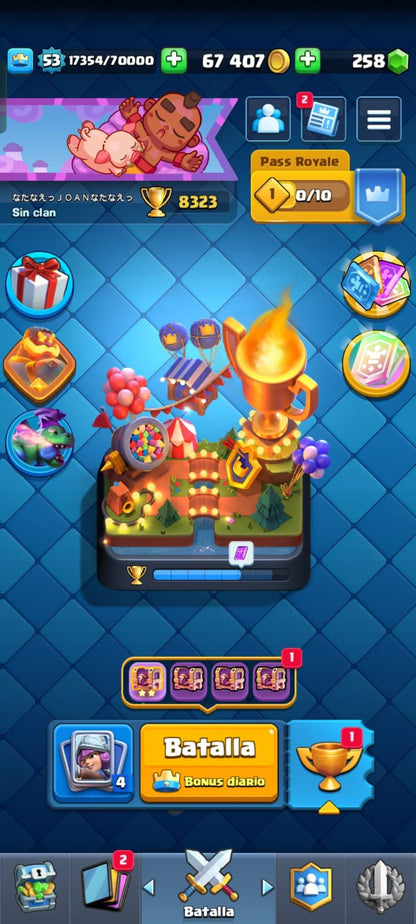 478 CLASH! 8323 COPAS! 3 CARTAS AL NIVEL 15! 32 CARTAS AL NIVEL 14! 2 CARTAS EVOLUTIVAS CONSEGUIDAS! 95 EMOTES! 10 TORRES! INSIGNIA DE 9 AÑOS! (799 MX) @everyone