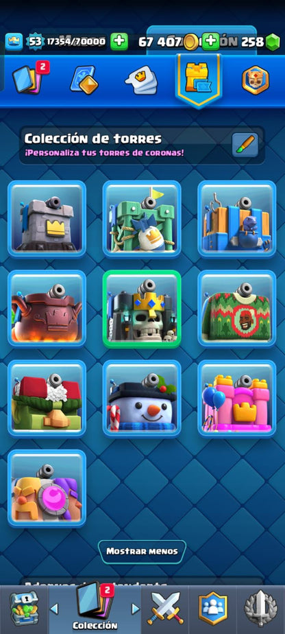 478 CLASH! 8323 COPAS! 3 CARTAS AL NIVEL 15! 32 CARTAS AL NIVEL 14! 2 CARTAS EVOLUTIVAS CONSEGUIDAS! 95 EMOTES! 10 TORRES! INSIGNIA DE 9 AÑOS! (799 MX) @everyone