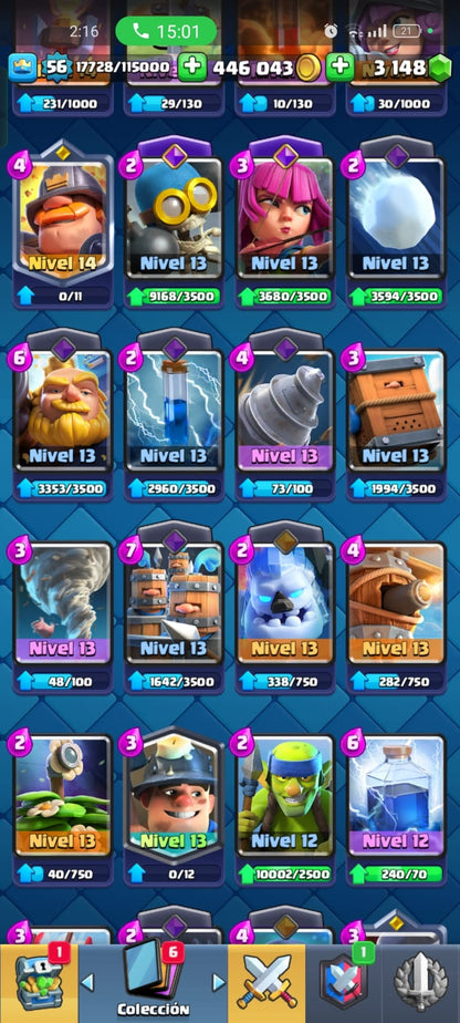494 CLASH! CUENTA CON 10586 COPAS! 11 CARTAS AL NIVEL 15! 20 CARTAS AL NIVEL 14! UNA CARTA HÉROE! 11 CARTAS EVOLUTIVAS DESBLOQUEADAS! 91 EMOTES! 9 TORRES! INSIGNIA DE 4 AÑOOS! (749 MX) @everyone