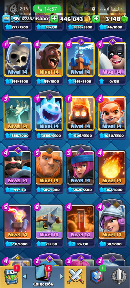 494 CLASH! CUENTA CON 10586 COPAS! 11 CARTAS AL NIVEL 15! 20 CARTAS AL NIVEL 14! UNA CARTA HÉROE! 11 CARTAS EVOLUTIVAS DESBLOQUEADAS! 91 EMOTES! 9 TORRES! INSIGNIA DE 4 AÑOOS! (749 MX) @everyone