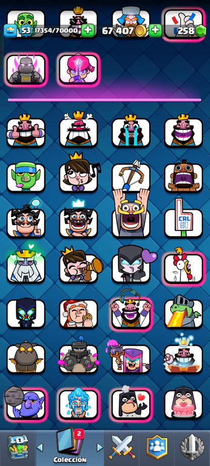 478 CLASH! 8323 COPAS! 3 CARTAS AL NIVEL 15! 32 CARTAS AL NIVEL 14! 2 CARTAS EVOLUTIVAS CONSEGUIDAS! 95 EMOTES! 10 TORRES! INSIGNIA DE 9 AÑOS! (799 MX) @everyone