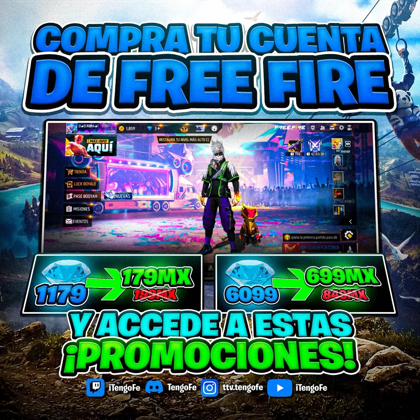 HOY EN LA COMPRA DE UNA CUENTA DE FREE LOS DIAMANTES ESTÁN AÚN MÁS BARATOS! 1k en (179mx)! y 6k en (699mx)! @everyone ESTÁN LISTOS?!