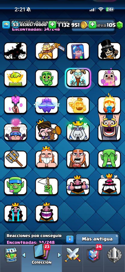 473 CLASH! 10,568 COPAS! 1 CARTA AL 16 MAX! 4 CARTAS AL 15! 8 CARTAS AL 14! 1 HÉROE! 5 CARTAS EVOLUTIVAS! 34 EMOTES BUENOS! 2 TORRES! INSIGNIA OG DE 9 AÑOS! +1M EN MONEDAS! (549 MX) @everyone