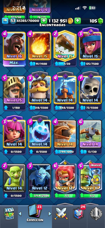 473 CLASH! 10,568 COPAS! 1 CARTA AL 16 MAX! 4 CARTAS AL 15! 8 CARTAS AL 14! 1 HÉROE! 5 CARTAS EVOLUTIVAS! 34 EMOTES BUENOS! 2 TORRES! INSIGNIA OG DE 9 AÑOS! +1M EN MONEDAS! (549 MX) @everyone