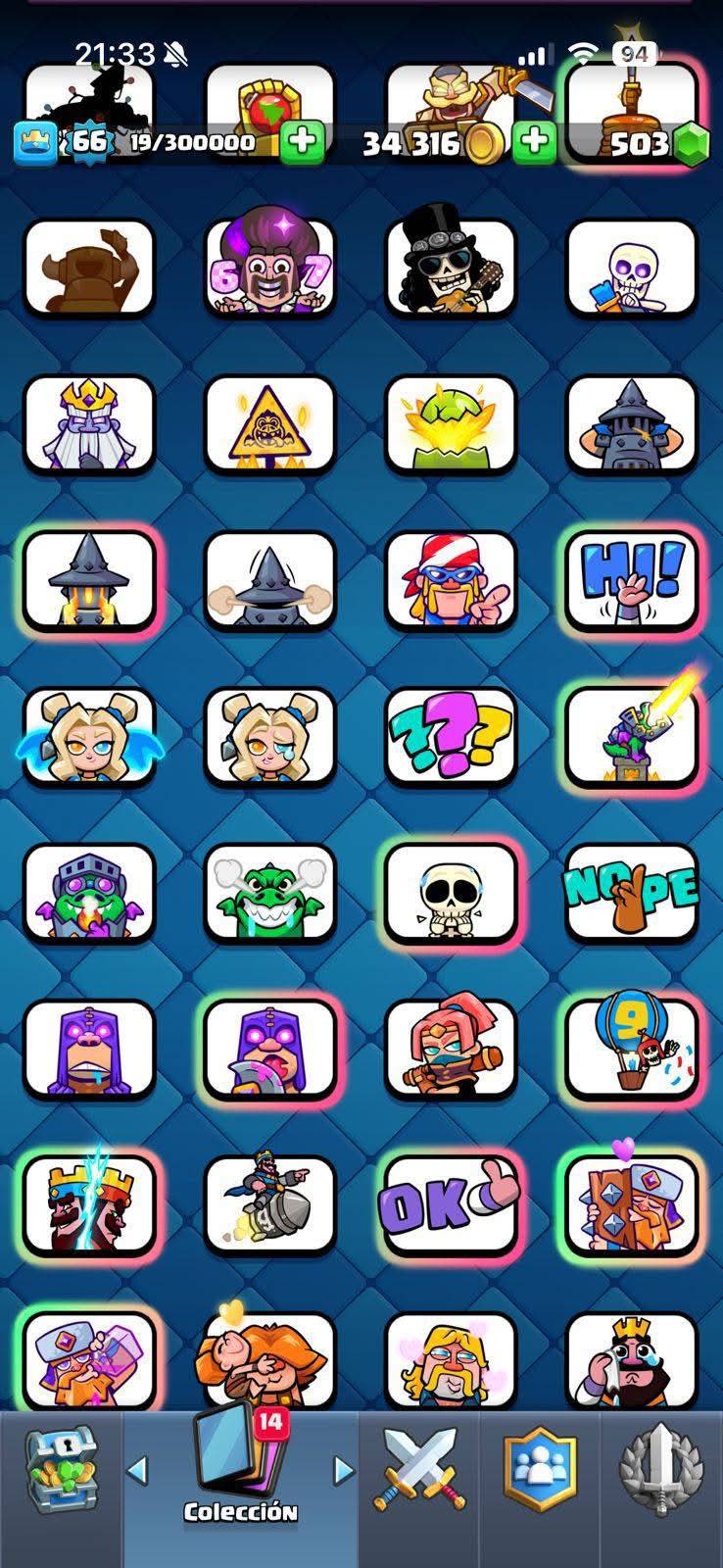 416 CLASH! MINI GRIAL! 10,530 COPAS! LIGA 2 COMPETITIVA! 4 CARTAS AL 16 MAX! 19 CARTAS AL 15! 49 CARTAS AL 14! 2 HÉROES! 27 CARTAS EVOLUTIVAS! 133 EMOTES MUY PEDIDOS Y EXCLUSIVOS! 23 TORRES! INSIGNIA DE 4 AÑOS! (1899mx) @everyone