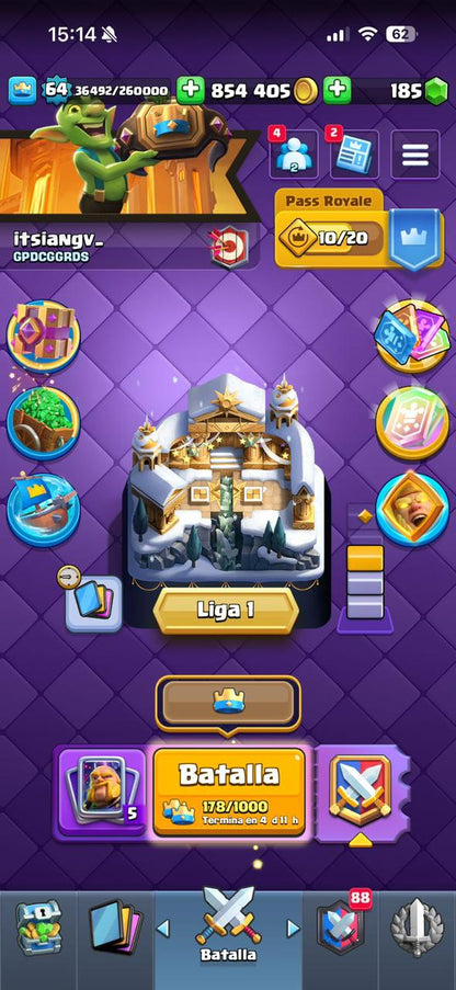 422 CLASH! CUENTA HERMOSA! 10,696 COPAS! LIGA 1 COMPETITIVA! 4 CARTA AL 16 MAX! 12 CARTAS AL 15! 32 CARTAS AL 14! 1 HÉROE! 16 CARTAS EVOLUTIVAS! 121 EMOTES EXCLUSIVOS! 11 TORRES! INSIGNIA DE 8 AÑOS! +800K MONEDAS! (1249mx) @everyone