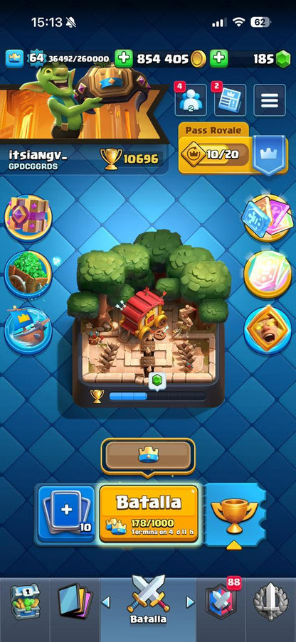 422 CLASH! CUENTA HERMOSA! 10,696 COPAS! LIGA 1 COMPETITIVA! 4 CARTA AL 16 MAX! 12 CARTAS AL 15! 32 CARTAS AL 14! 1 HÉROE! 16 CARTAS EVOLUTIVAS! 121 EMOTES EXCLUSIVOS! 11 TORRES! INSIGNIA DE 8 AÑOS! +800K MONEDAS! (1249mx) @everyone