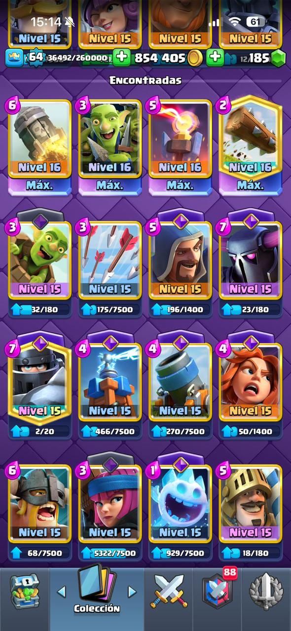 422 CLASH! CUENTA HERMOSA! 10,696 COPAS! LIGA 1 COMPETITIVA! 4 CARTA AL 16 MAX! 12 CARTAS AL 15! 32 CARTAS AL 14! 1 HÉROE! 16 CARTAS EVOLUTIVAS! 121 EMOTES EXCLUSIVOS! 11 TORRES! INSIGNIA DE 8 AÑOS! +800K MONEDAS! (1249mx) @everyone