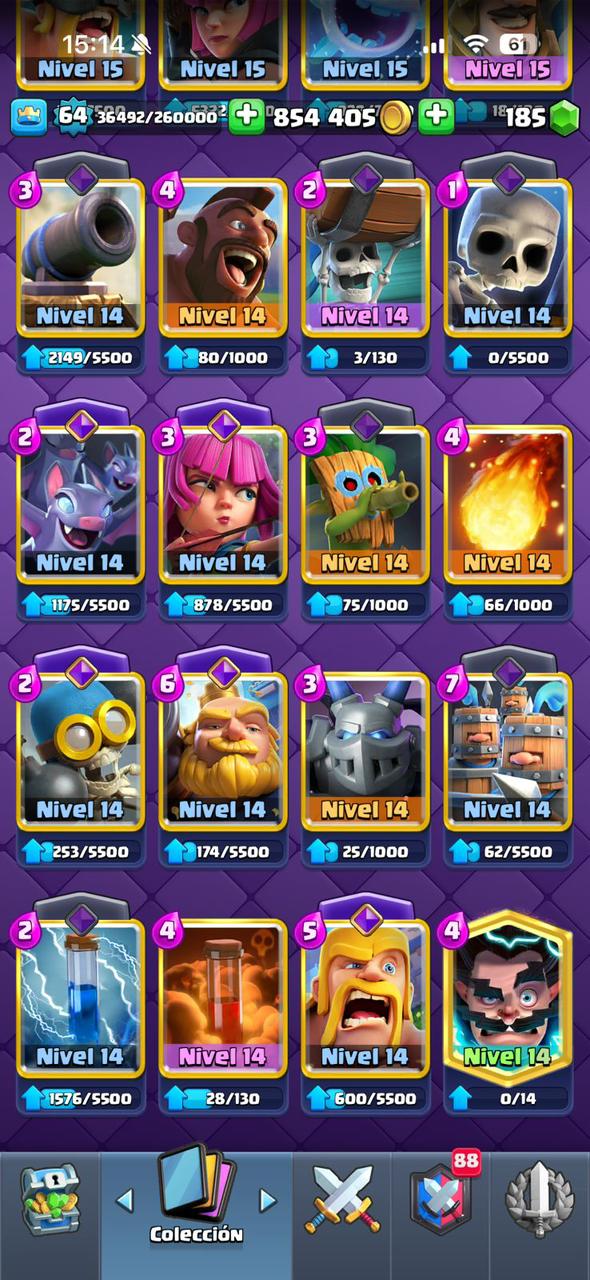 422 CLASH! CUENTA HERMOSA! 10,696 COPAS! LIGA 1 COMPETITIVA! 4 CARTA AL 16 MAX! 12 CARTAS AL 15! 32 CARTAS AL 14! 1 HÉROE! 16 CARTAS EVOLUTIVAS! 121 EMOTES EXCLUSIVOS! 11 TORRES! INSIGNIA DE 8 AÑOS! +800K MONEDAS! (1249mx) @everyone