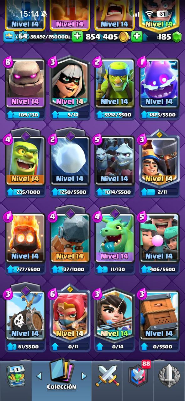 422 CLASH! CUENTA HERMOSA! 10,696 COPAS! LIGA 1 COMPETITIVA! 4 CARTA AL 16 MAX! 12 CARTAS AL 15! 32 CARTAS AL 14! 1 HÉROE! 16 CARTAS EVOLUTIVAS! 121 EMOTES EXCLUSIVOS! 11 TORRES! INSIGNIA DE 8 AÑOS! +800K MONEDAS! (1249mx) @everyone