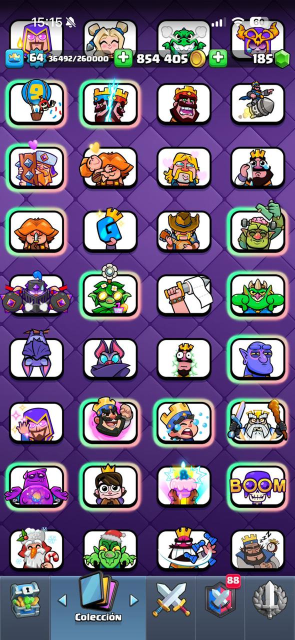 422 CLASH! CUENTA HERMOSA! 10,696 COPAS! LIGA 1 COMPETITIVA! 4 CARTA AL 16 MAX! 12 CARTAS AL 15! 32 CARTAS AL 14! 1 HÉROE! 16 CARTAS EVOLUTIVAS! 121 EMOTES EXCLUSIVOS! 11 TORRES! INSIGNIA DE 8 AÑOS! +800K MONEDAS! (1249mx) @everyone