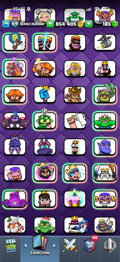 422 CLASH! CUENTA HERMOSA! 10,696 COPAS! LIGA 1 COMPETITIVA! 4 CARTA AL 16 MAX! 12 CARTAS AL 15! 32 CARTAS AL 14! 1 HÉROE! 16 CARTAS EVOLUTIVAS! 121 EMOTES EXCLUSIVOS! 11 TORRES! INSIGNIA DE 8 AÑOS! +800K MONEDAS! (1249mx) @everyone
