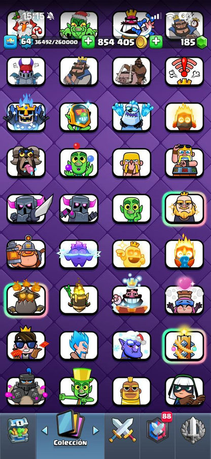 422 CLASH! CUENTA HERMOSA! 10,696 COPAS! LIGA 1 COMPETITIVA! 4 CARTA AL 16 MAX! 12 CARTAS AL 15! 32 CARTAS AL 14! 1 HÉROE! 16 CARTAS EVOLUTIVAS! 121 EMOTES EXCLUSIVOS! 11 TORRES! INSIGNIA DE 8 AÑOS! +800K MONEDAS! (1249mx) @everyone