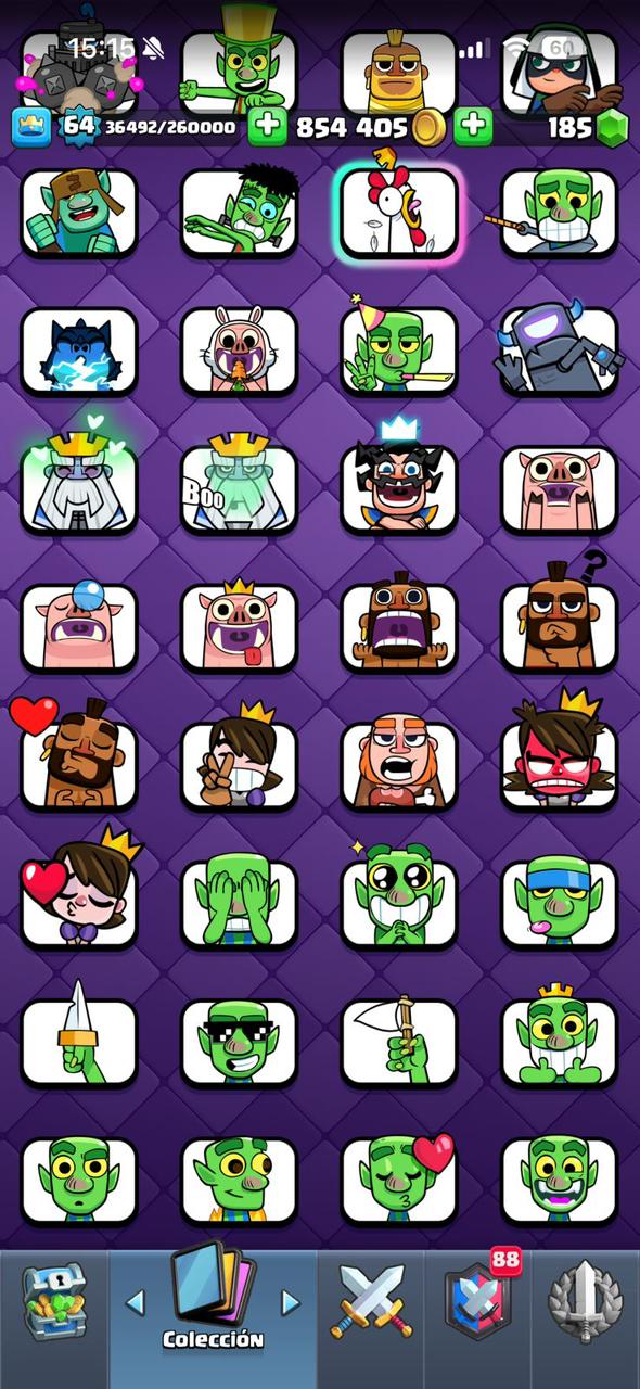 422 CLASH! CUENTA HERMOSA! 10,696 COPAS! LIGA 1 COMPETITIVA! 4 CARTA AL 16 MAX! 12 CARTAS AL 15! 32 CARTAS AL 14! 1 HÉROE! 16 CARTAS EVOLUTIVAS! 121 EMOTES EXCLUSIVOS! 11 TORRES! INSIGNIA DE 8 AÑOS! +800K MONEDAS! (1249mx) @everyone