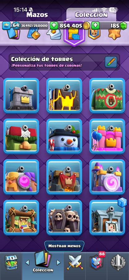 422 CLASH! CUENTA HERMOSA! 10,696 COPAS! LIGA 1 COMPETITIVA! 4 CARTA AL 16 MAX! 12 CARTAS AL 15! 32 CARTAS AL 14! 1 HÉROE! 16 CARTAS EVOLUTIVAS! 121 EMOTES EXCLUSIVOS! 11 TORRES! INSIGNIA DE 8 AÑOS! +800K MONEDAS! (1249mx) @everyone