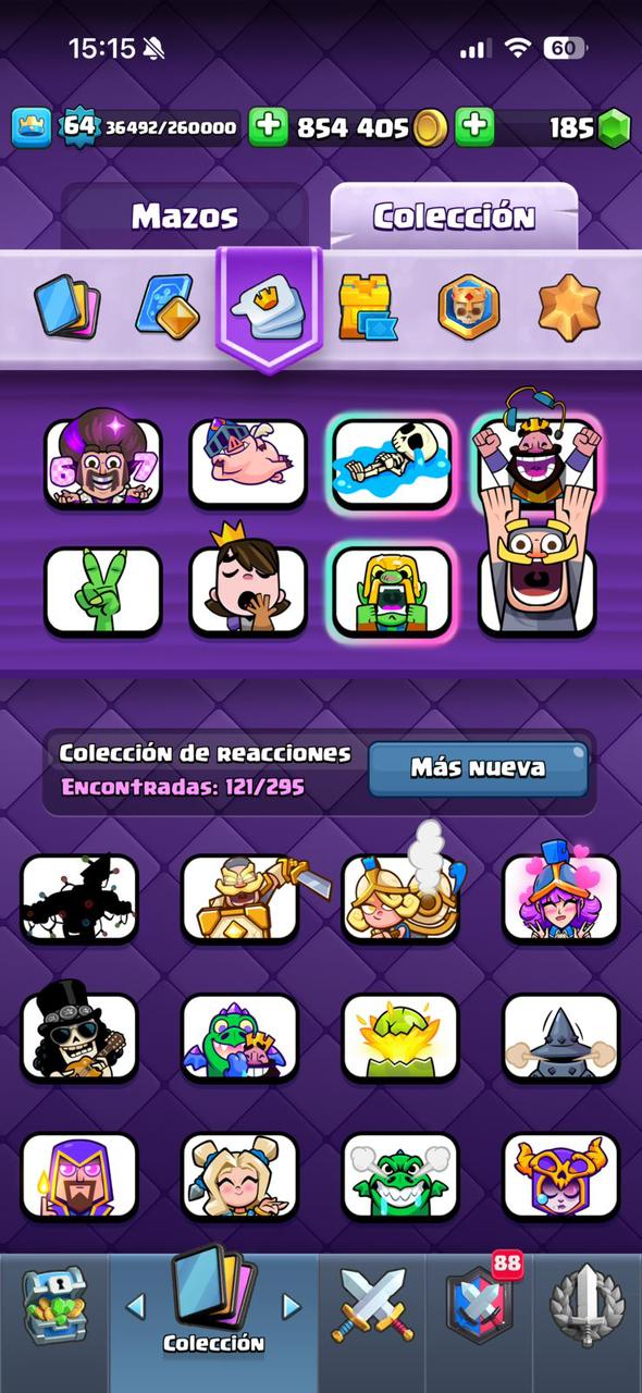 422 CLASH! CUENTA HERMOSA! 10,696 COPAS! LIGA 1 COMPETITIVA! 4 CARTA AL 16 MAX! 12 CARTAS AL 15! 32 CARTAS AL 14! 1 HÉROE! 16 CARTAS EVOLUTIVAS! 121 EMOTES EXCLUSIVOS! 11 TORRES! INSIGNIA DE 8 AÑOS! +800K MONEDAS! (1249mx) @everyone