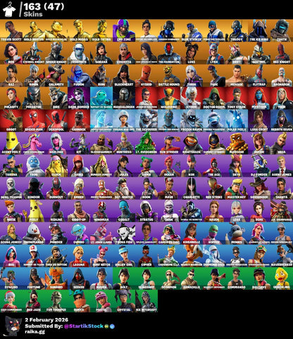 TRAVIS! MIDAS DORADO! CARBON COMMANDER! BLUE STRIKER! LARA CROFT! POINT PATROLLER! TRILOGY! THE ICE KING! DERIVA! ETERNAL KNIGHT! SKIN FUNDADOR! LYNX! RED KNIGHT! CALAMITY! PREDATOR! MANDALORIAN! PASE MARVEL! SPIDERMAN! DEADPOOL! BURRITO SABANEGRO!...