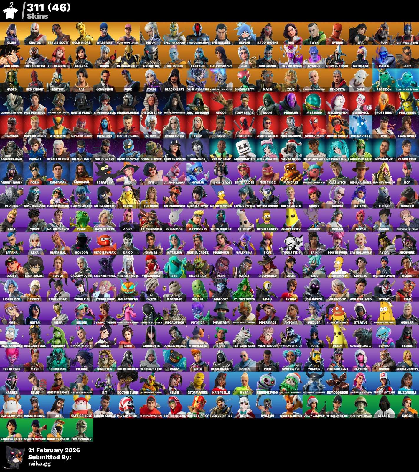 TRAVIS! GLOW! MIDAS DORADO! STW! LARA CROFT! SPECTRA KNIGHT! SKIN FUNDADOR! CHUN-LI! NEZUMI! HYBIRD! GOKU! PREDATOR! ETERNAL KNIGHT! KYMERA! RED KNIGHT! SNAP! DARTH VADER! MANDALORIAN! PASE MARVEL! DEADPOOL! SPIDERMAN! SUB-COMMANDER! DOOM SLAYER!...