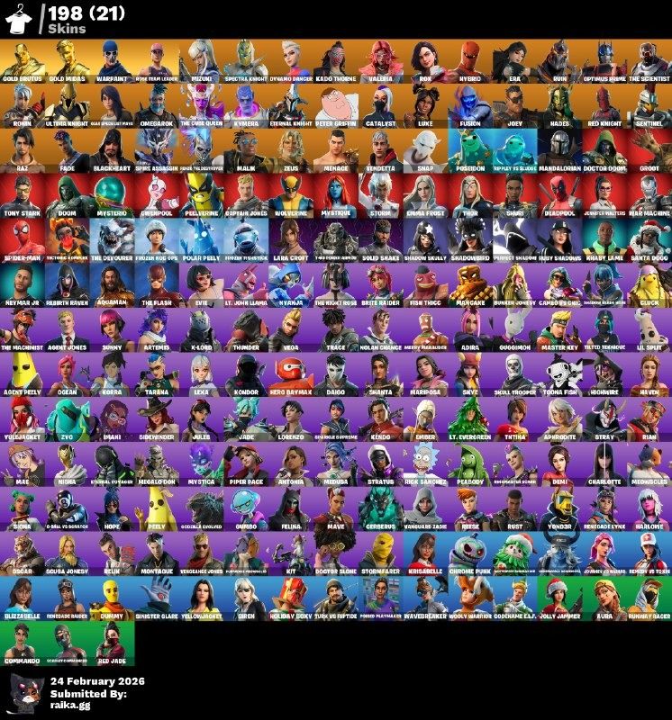 MIDAS DORADO! STW! SPECTRA KNIGHT! LARA CROFT! HYBIRD! ULTIMA KNIGHT! KYMERA! ETERNAL KNIGHT! PETER GRIFIN! FUSIÓN! HADES! GAME KNIGHT! HADES! SNAP! MANDALORIAN! PASE MARVEL! SPIDERMAN! DEADPOOL! RUBY! IDOLS! DC! SKYE! SIDEWINDER! JULES! PICO...