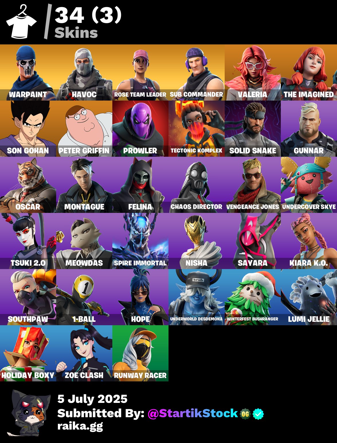 [PC] 34 skins | OG STW | Havoc | Sub Commander | Valeria | The Imagined | Son Gohan | Peter Griffin | Prowler | Tectonic Komplex | Solid Snake | Gunnar | 400 VB
