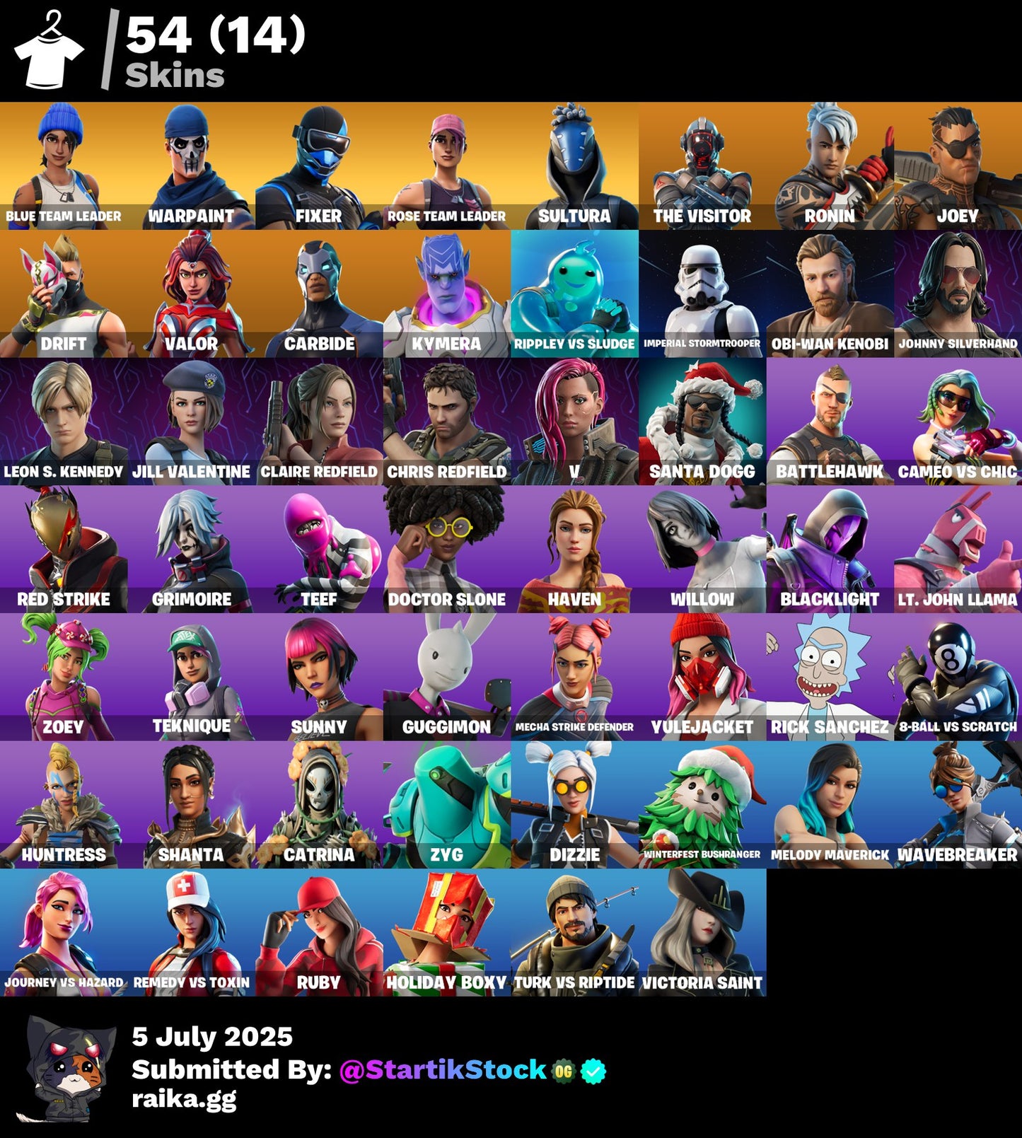 [PC] 54 skins | OG STW | Blue Team Leader | Fixer | Sultura | The Visitor | Ronin | Joey | Drift | Valor | Carbide | Kymera | Rippley vs Sludge | 400 VB
