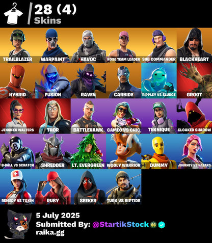 [PC] 28 skins | OG STW | Trailblazer | Havoc | Sub Commander | Blackheart | Hybrid | Fusion | Raven | Carbide | Rippley vs Sludge | Groot | 100 VB