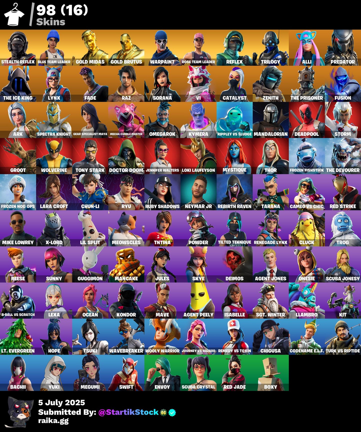 [PC] 98 skins | OG STW | Stealth Reflex | Blue Team Leader | Gold Midas | Gold Brutus | Reflex | Trilogy | Alli | Predator | The Ice King | Lynx | Fade | 800 VB
