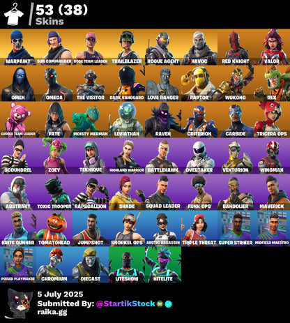 [PC] 53 skins | OG STW | Sub Commander | Trailblazer | Rogue Agent | Havoc | Red Knight | Valor | Omen | Omega | The Visitor | Dark Vanguard | 1300 VB