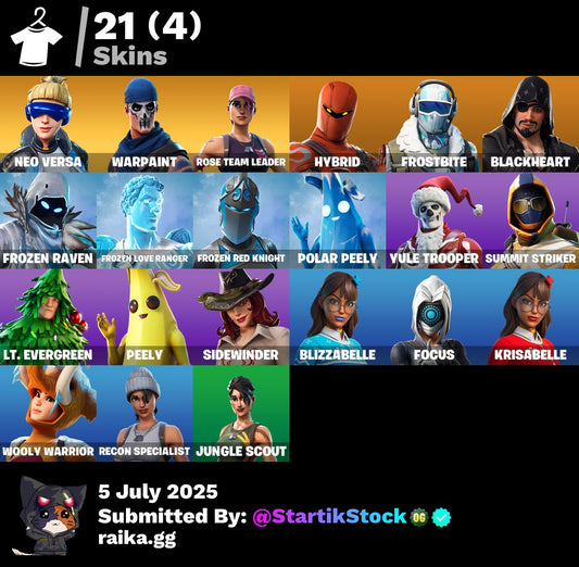 [PC] 21 skins | OG STW | Neo Versa | Hybrid | Frostbite | Blackheart | Frozen Raven | Frozen Love Ranger | Frozen Red Knight | Polar Peely | 350 VB
