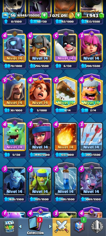 505 CLASH! CUENTA CON 10166 COPAS! 9 CARTAS AL NIVEL 15! 26 CARTAS AL NIVEL 14! 1 CARTA HÉROE DESBLOQUEADA! 15 CARTAS EVOLUTIVAS! 114 EMOTES! 11 TORRES! (799 MX) @everyone