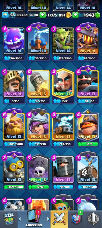 505 CLASH! CUENTA CON 10166 COPAS! 9 CARTAS AL NIVEL 15! 26 CARTAS AL NIVEL 14! 1 CARTA HÉROE DESBLOQUEADA! 15 CARTAS EVOLUTIVAS! 114 EMOTES! 11 TORRES! (799 MX) @everyone