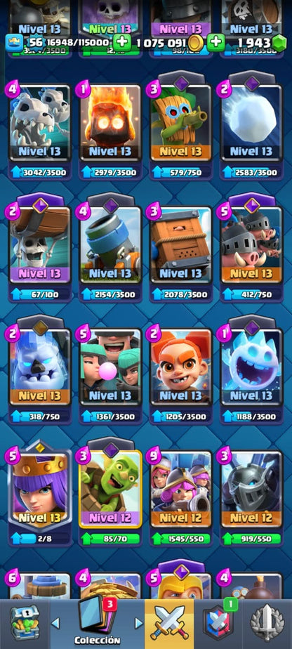505 CLASH! CUENTA CON 10166 COPAS! 9 CARTAS AL NIVEL 15! 26 CARTAS AL NIVEL 14! 1 CARTA HÉROE DESBLOQUEADA! 15 CARTAS EVOLUTIVAS! 114 EMOTES! 11 TORRES! (799 MX) @everyone