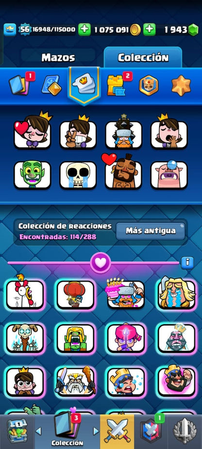 505 CLASH! CUENTA CON 10166 COPAS! 9 CARTAS AL NIVEL 15! 26 CARTAS AL NIVEL 14! 1 CARTA HÉROE DESBLOQUEADA! 15 CARTAS EVOLUTIVAS! 114 EMOTES! 11 TORRES! (799 MX) @everyone