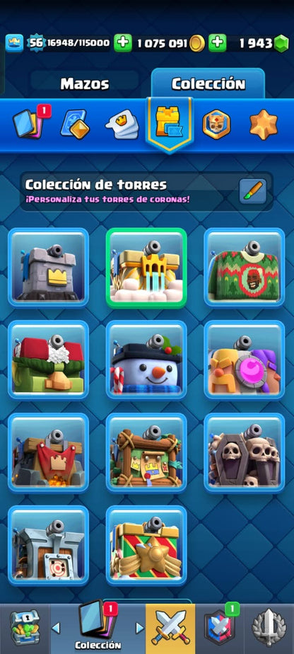 505 CLASH! CUENTA CON 10166 COPAS! 9 CARTAS AL NIVEL 15! 26 CARTAS AL NIVEL 14! 1 CARTA HÉROE DESBLOQUEADA! 15 CARTAS EVOLUTIVAS! 114 EMOTES! 11 TORRES! (799 MX) @everyone