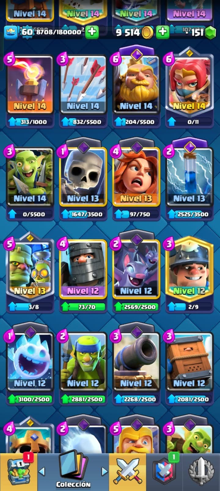 516 CLASH! CUENTA CON 10298 COPAS! 4 CARTAS AL NIVEL 16! 3 CARTAS AL NIVEL 15! 12 CARTAS AL NIVEL 14! 2 CARTAS HÉROES! 10 CARTAS CON EVOLUTIVAS! 51 EMOTEEES! 6 TORRES! INSIGNIA DE 4 AÑOS!!! (949 MX) @everyone