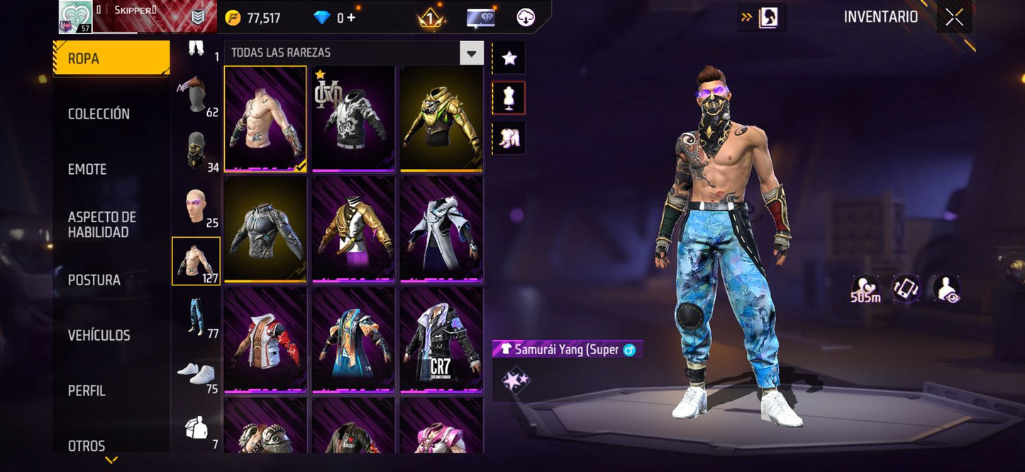 167 FREE FIRE! 5 EVOLUTIVAS A BUEN NIVEL!! MAS DE 100 PECHOS!! CR7, YING YANG BLACK! ROPA DE CUBO Y EVENTOS!! PANTUFLAS, PERFECTAS PARA COMBINAR CON TODO!! REGIÓN: EEUU (799mx) @everyone