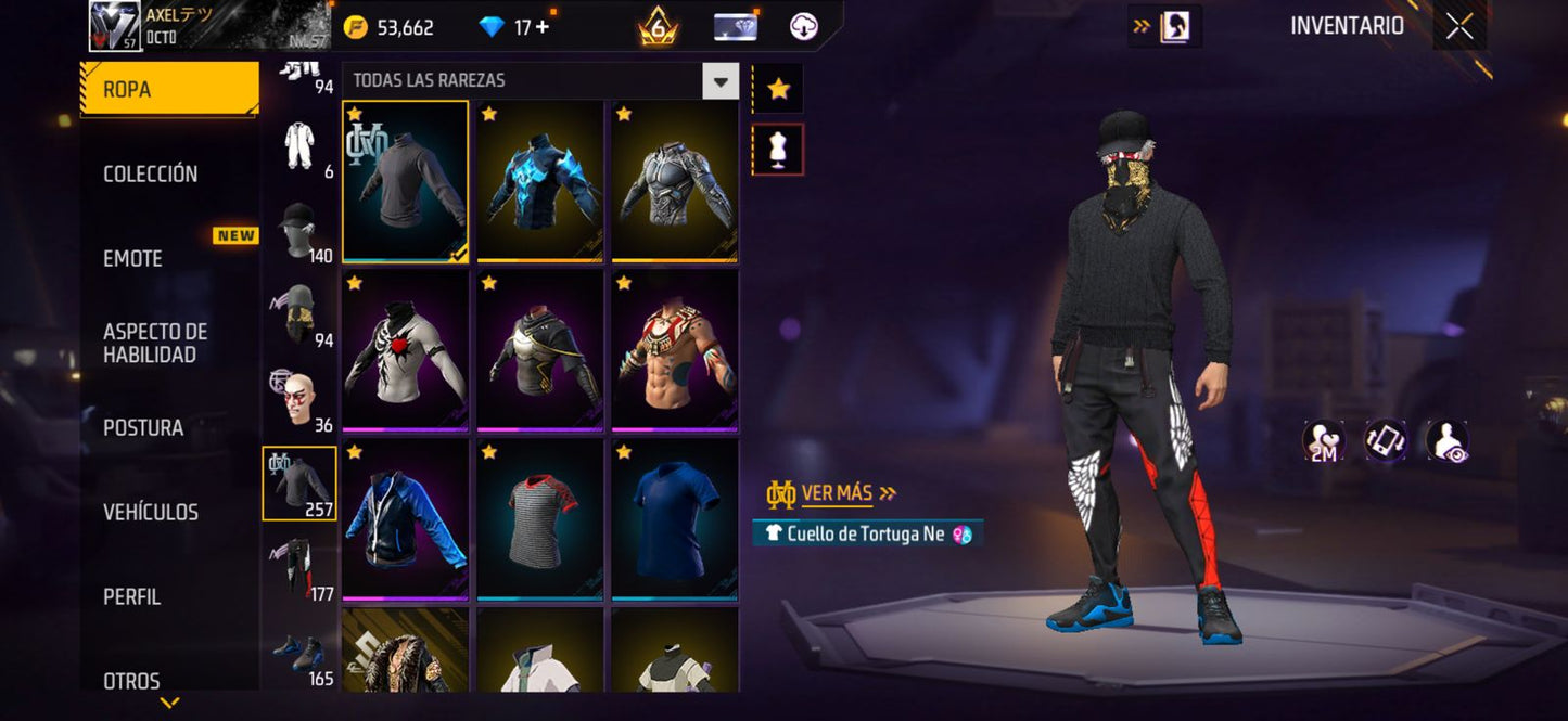 270 FREE FIRE!! CUENTA CON 6 EVOS Y BUENAS ARMAS DE INCUBADORA!! MÁS DE 250 PECHOS!! ROPA MOXTA! CUELLO DE TORTUGA! PLAYERAS DE FUTBOL! J.BALVIN! MUCHA ROPA DE EVENTOS!! ANGELICALES Y PUÑOS!! PERFECTA PARA COMBINAR CON TODO!! REGIÓN: EEUU (1599mx)...