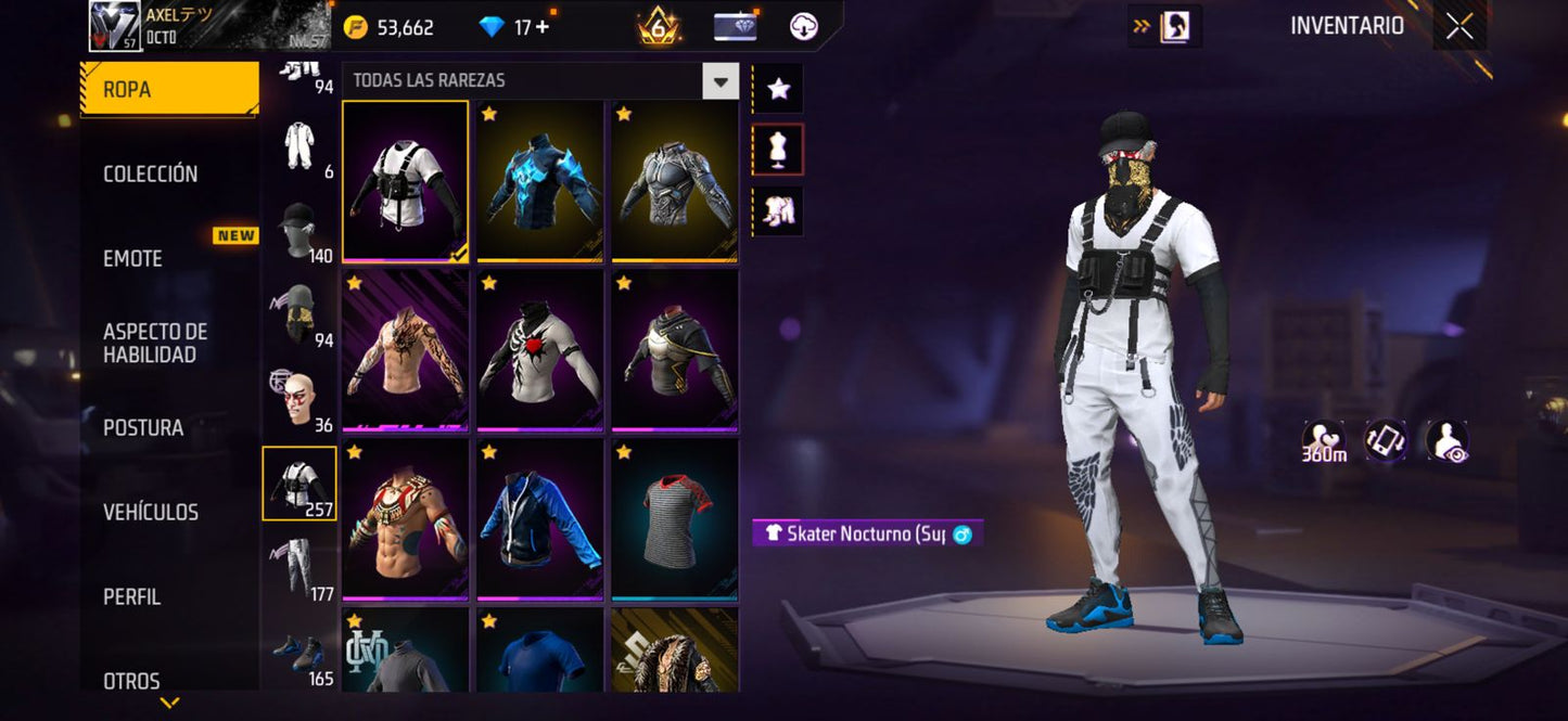 270 FREE FIRE!! CUENTA CON 6 EVOS Y BUENAS ARMAS DE INCUBADORA!! MÁS DE 250 PECHOS!! ROPA MOXTA! CUELLO DE TORTUGA! PLAYERAS DE FUTBOL! J.BALVIN! MUCHA ROPA DE EVENTOS!! ANGELICALES Y PUÑOS!! PERFECTA PARA COMBINAR CON TODO!! REGIÓN: EEUU (1599mx)...