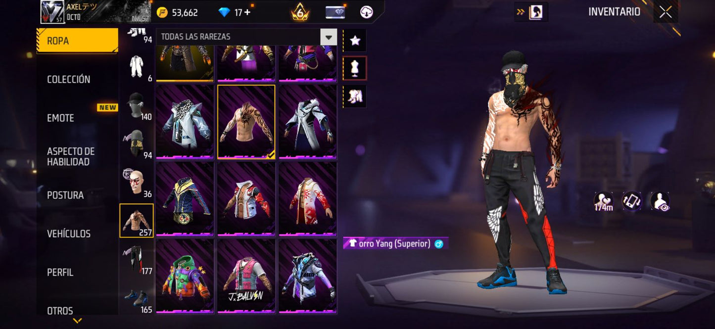 270 FREE FIRE!! CUENTA CON 6 EVOS Y BUENAS ARMAS DE INCUBADORA!! MÁS DE 250 PECHOS!! ROPA MOXTA! CUELLO DE TORTUGA! PLAYERAS DE FUTBOL! J.BALVIN! MUCHA ROPA DE EVENTOS!! ANGELICALES Y PUÑOS!! PERFECTA PARA COMBINAR CON TODO!! REGIÓN: EEUU (1599mx)...