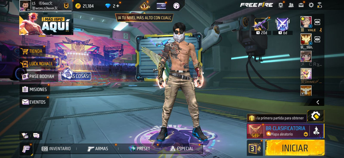272 FREE FIRE!!  CUENTA CON 3 EVOS, 1 AL NIVEL MÁXIMO!! MÁS DE 300 PECHOS!! PASES VETERANOS! CHAQUETAS ANTIGUAS! YING YANG! MUCHA ROPA DE EVENTOS! PUÑOS!! PERFECTA PARA COMBINAR CON TODO!! REGIÓN: EEUU (1899mx) @everyone