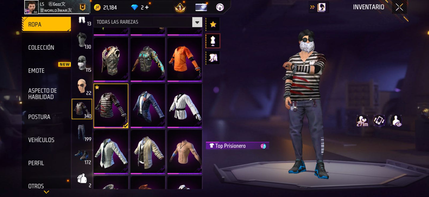 272 FREE FIRE!!  CUENTA CON 3 EVOS, 1 AL NIVEL MÁXIMO!! MÁS DE 300 PECHOS!! PASES VETERANOS! CHAQUETAS ANTIGUAS! YING YANG! MUCHA ROPA DE EVENTOS! PUÑOS!! PERFECTA PARA COMBINAR CON TODO!! REGIÓN: EEUU (1899mx) @everyone