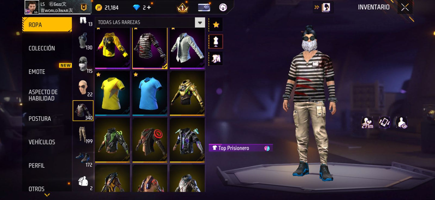 272 FREE FIRE!!  CUENTA CON 3 EVOS, 1 AL NIVEL MÁXIMO!! MÁS DE 300 PECHOS!! PASES VETERANOS! CHAQUETAS ANTIGUAS! YING YANG! MUCHA ROPA DE EVENTOS! PUÑOS!! PERFECTA PARA COMBINAR CON TODO!! REGIÓN: EEUU (1899mx) @everyone