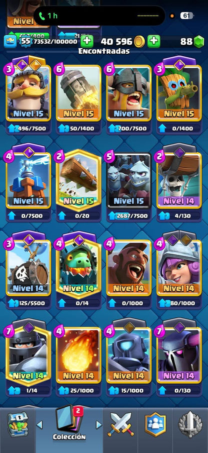 452 CLASH! 10,562 COPAS! 7 CARTAS AL 15! 19 CARTAS AL 14! 1 HÉROE! 11 CARTAS EVOLUTIVAS! 96 EMOTES EXCLUSIVOS! 13 TOREES! INSIGNIA DE 4 AÑOS! (549 MX) @everyone