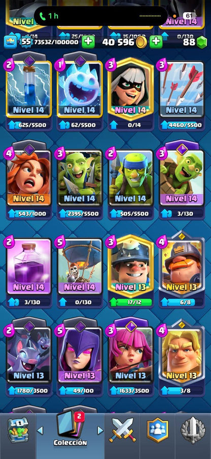 452 CLASH! 10,562 COPAS! 7 CARTAS AL 15! 19 CARTAS AL 14! 1 HÉROE! 11 CARTAS EVOLUTIVAS! 96 EMOTES EXCLUSIVOS! 13 TOREES! INSIGNIA DE 4 AÑOS! (549 MX) @everyone