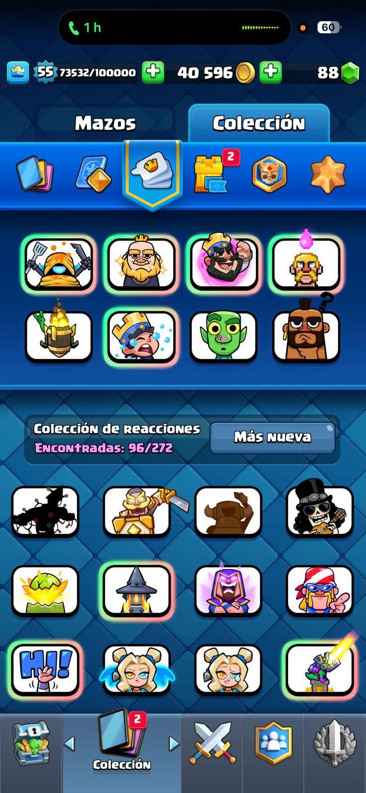 452 CLASH! 10,562 COPAS! 7 CARTAS AL 15! 19 CARTAS AL 14! 1 HÉROE! 11 CARTAS EVOLUTIVAS! 96 EMOTES EXCLUSIVOS! 13 TOREES! INSIGNIA DE 4 AÑOS! (549 MX) @everyone